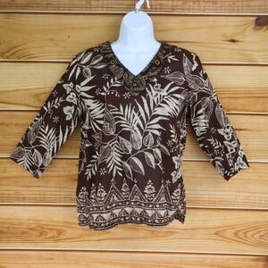 Alfred Dunner Blouse Shirt Womens 8P Brown Floral 100% Cotton Beaded 3/4 Sleeves